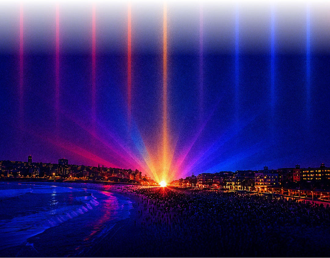 Nine beams of coloured light over Bondi Beach